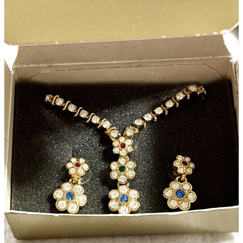 Vintage Avon Rhinestone Necklace Earrings Set Floral Multicolor Gold Tone Box